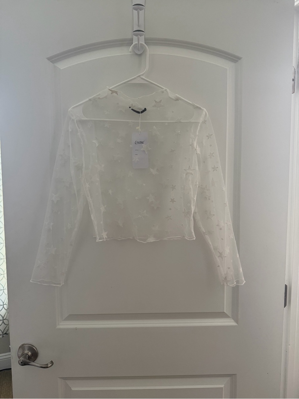 Sheer Star Embroidered Long-Sleeve Top - White with matching Pencil Skirt Set